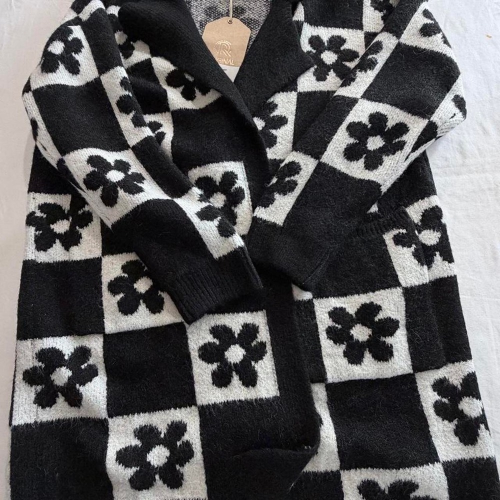 Black and white floral checkerboard cardigan